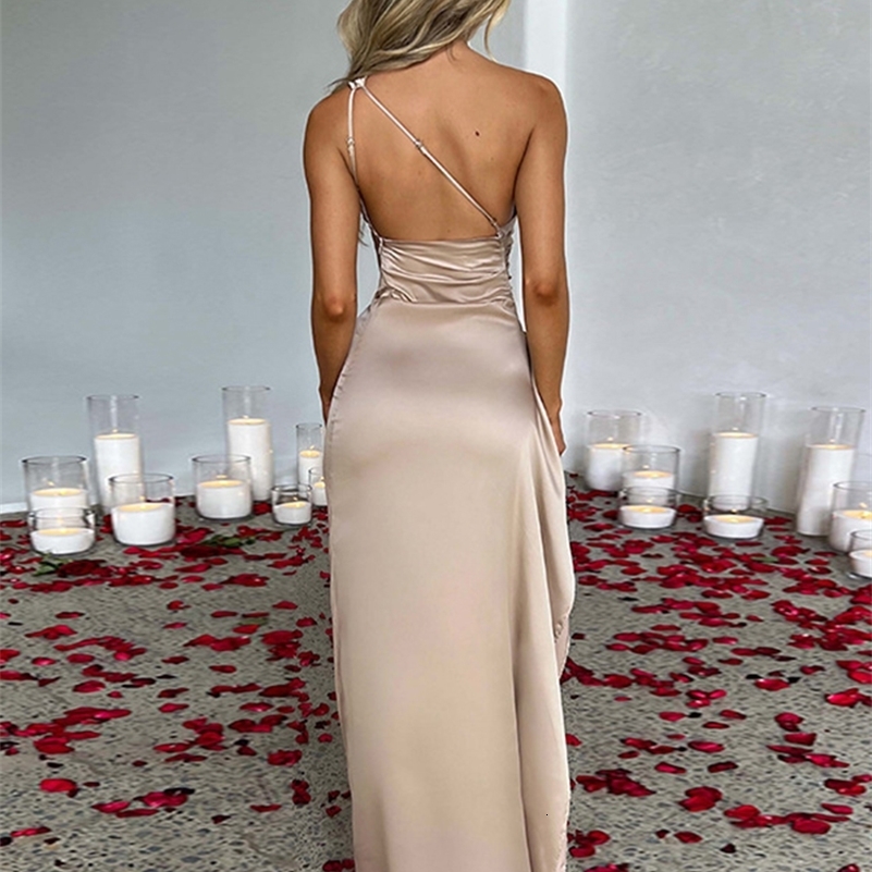 Summer Sexy One Shoulder Satin Long Dress for Women Sleeveless Backless High Split Party Evening Dresses Elegant Cocktail Dress 250322