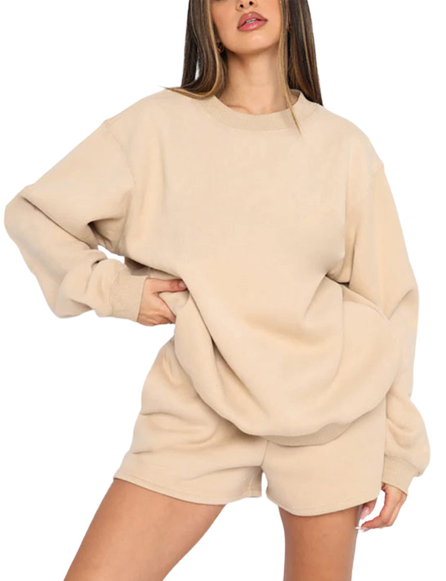 2025 Spring and Autumn Solid Color Round Neck Long Sleeve Hoodie Women's Fashion Casual Shorts Set