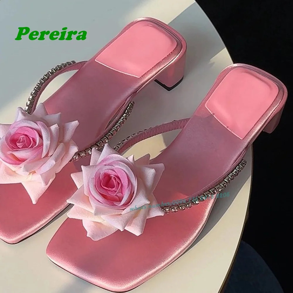 Flower Pink Satin Slippers Square Toe Crystal Chunky Heels Womens Slippers Summer est Flip Flops Cute Shoes 250322