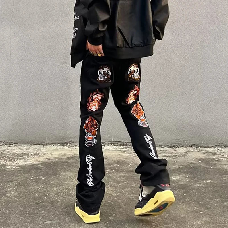 Y2K mens jeans fashionable skull y patch denim Trouser spring and summer fashion ultrathin elastic street clothing 250320