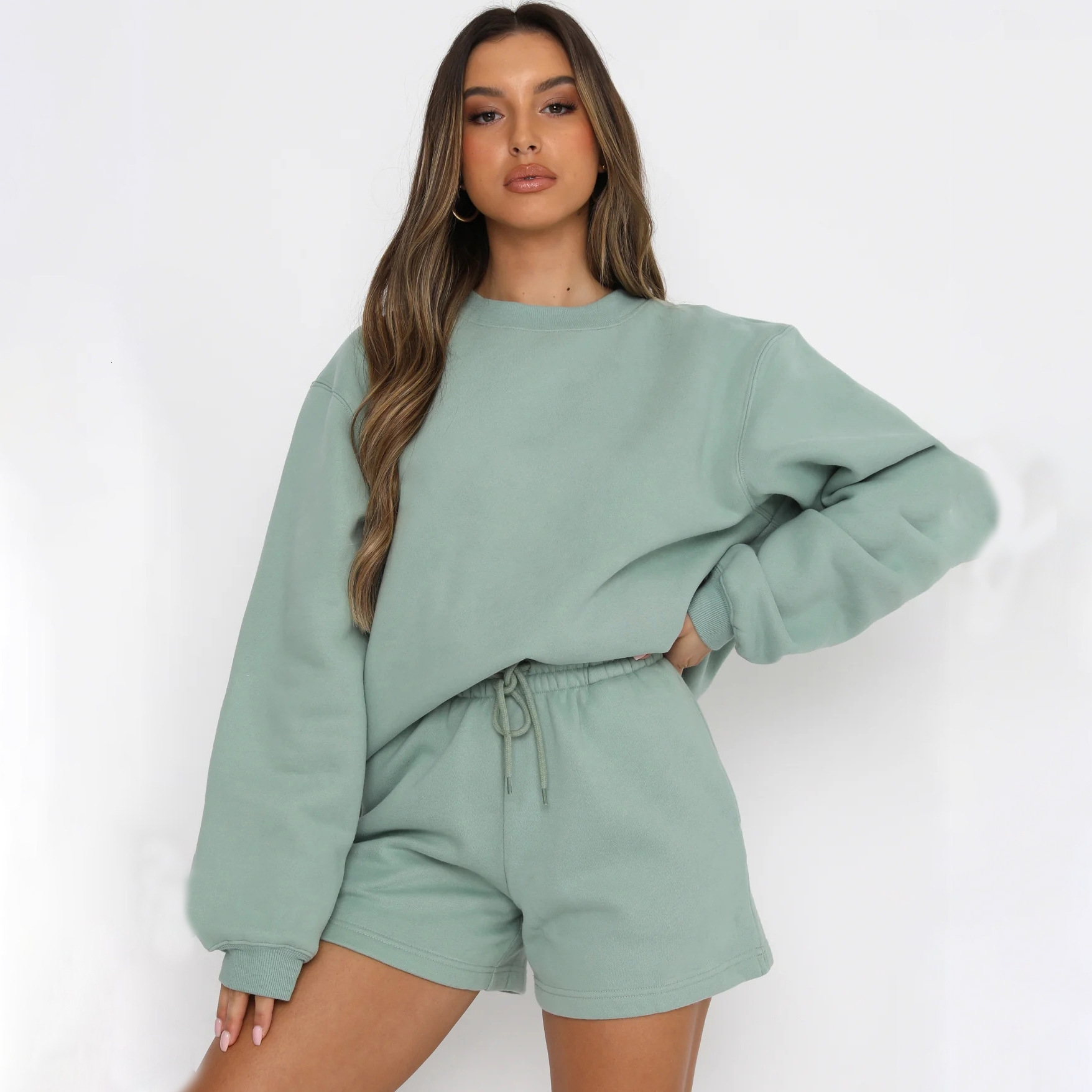 2025 Spring Autumn Women's Clothing New Solid Color Loose Versatile Casual Round Neck Hoodie and Shorts Set