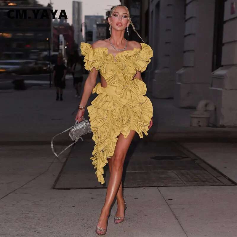 Cm.Yaya Women Edible Tree Fungus Tierred Low Asymmetrical Ball Gown Dress 2023 Sexy Club Party Evening High Street Dresses