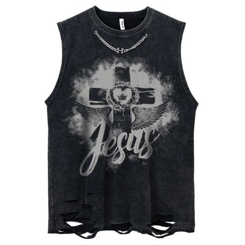 Gothic Emo Retro Sleeveless Tank Top Y2K American Gothic Graphic Alphabet Printed Tank Top Hip Hop Street Clothing Mens T-shirt X250324