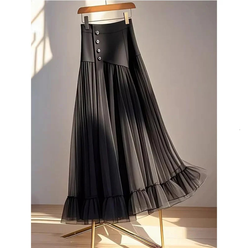 oversized Aline leather for women in spring and autumn with temperature patches work mesh yarn high waist pleated fashionable 250324