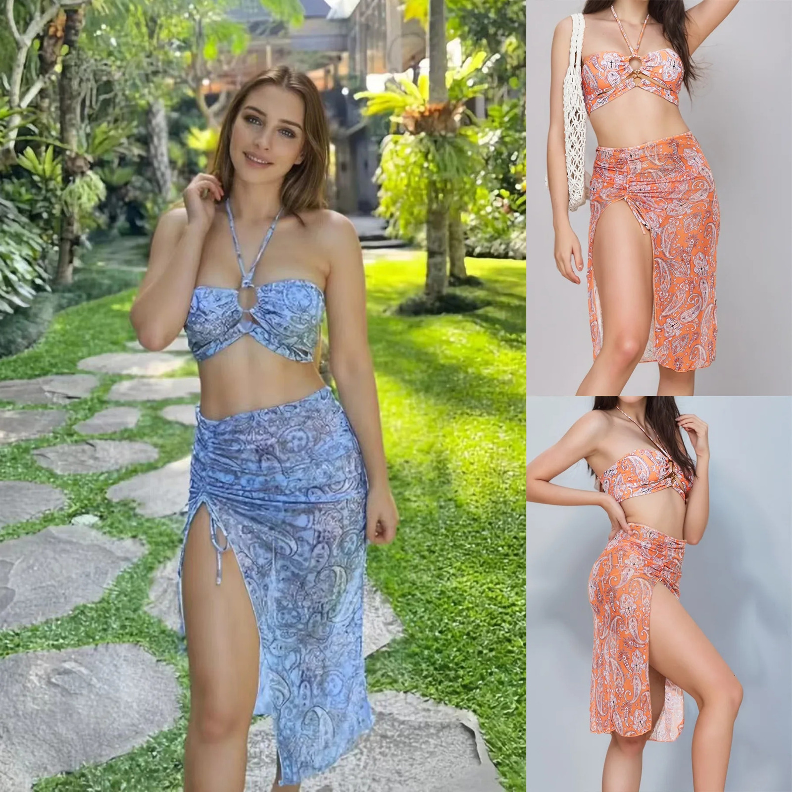 Swimwear Sexy Bikini Mesh Three-piece Set Push-up Printed Swimsuit for Women 250318
