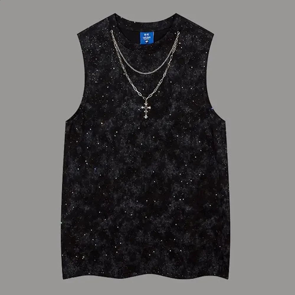Mens Vest Shiny Night Sky Casual Tank Top Nightclub Streetwear Fashion Stage Performances Niche Cross Top Mens Clothing 250321