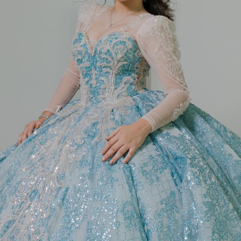 Blue Shiny Quinceanera Dresses Off The Shoulder Sequin Applique Lace Beads Tulle Long Sleeves Vestidos De 15 Anos Sweet 16 Dress