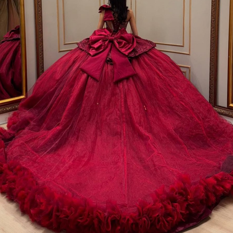 Red Sweetheart Quinceanera Dresses Off The Shoulder Sequin Applique Beads Bow Tulle Party Birthday Vestidos De 15 Anos Sweet 16 Anos