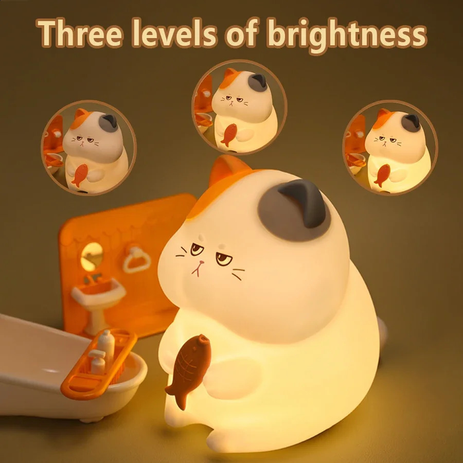 Delicious cat night light rechargeable silicone touch pattern light interesting cat and fish lights animal lights bedside table decoration 250324