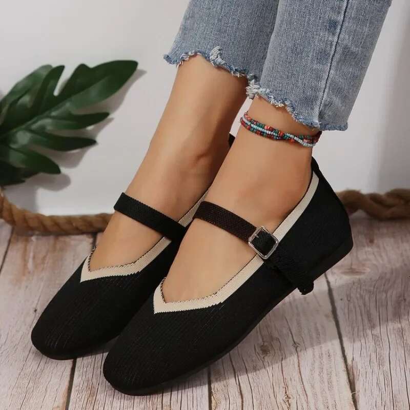 Elegant Mary Janes Flats Women Black Buckle Strap Shallow Casual Ballet Shoes Ladies Spring Autumn Canvas Loafers