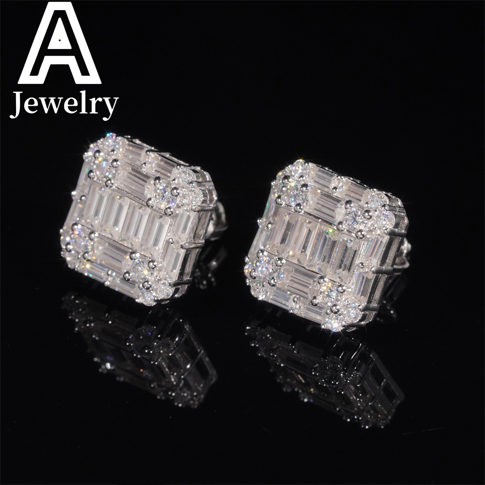 Fine jewelry Hip Hop Baguette Moissanite Square Shape s925 Silver Mens VVS Moissanite Stud Earrings