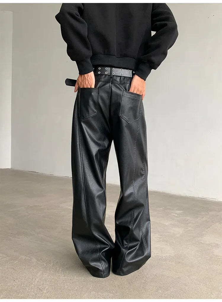PU Leather Pants Men Straight 2025 Spring Mens Punk Fashion Hip Wideleg Mopping Trousers Windproof Dark BrownBlack 250318