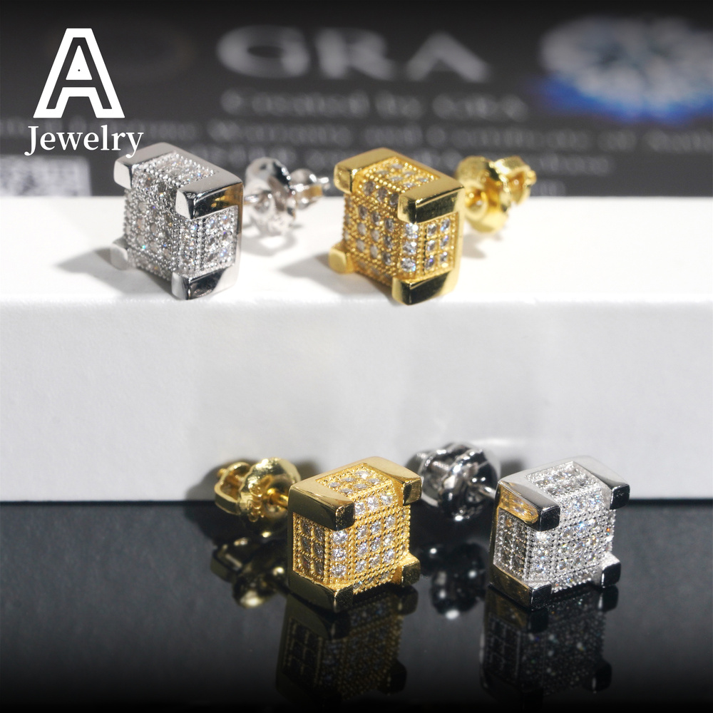 Fashion Hip Hop Jewelry 925 Sterling Silver VVS Moissanite Earrings Men Women Square Shape Ear Studs