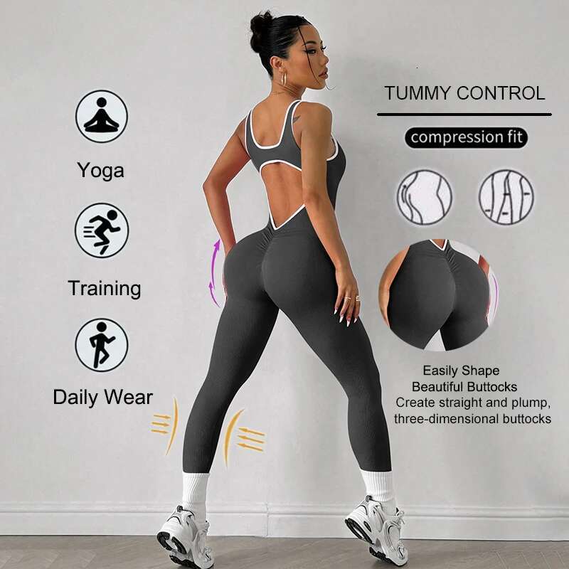 WAREBALL Sport Studio Women Seamless Yoga With Deep V Back Sleeveless Fashion Full Jumpsuit Sports Casual Daily Wear