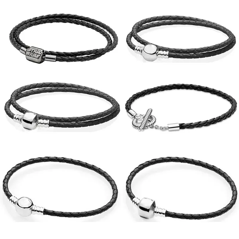 925 Sterling Silver Dangle Charms Bracelet Leather Rope T-shaped Buckle Woven Leather Bracelet Bracelet Bracelet Fashion