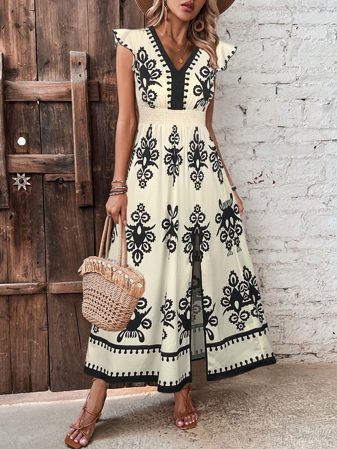 2024 Summer New High Waist Split Long Skirt with Horn Sleeve Printed Dress for Women