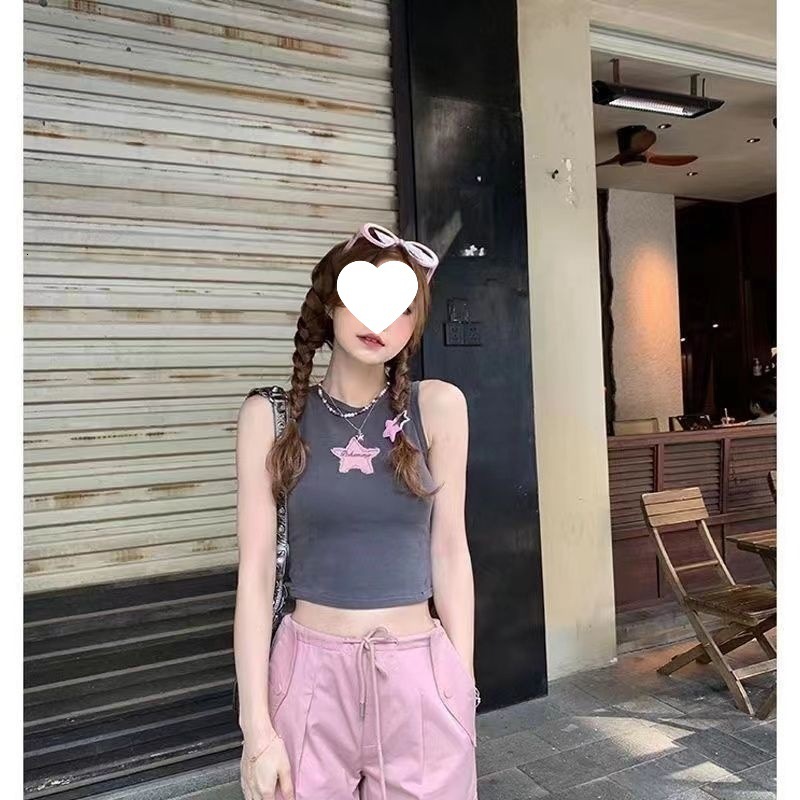 2025 New Designer Vest 250g Pit Pattern American Spicy Female Star Sticker Outdoor Leisure Sports Beach Women's Slim Fit Short Vest