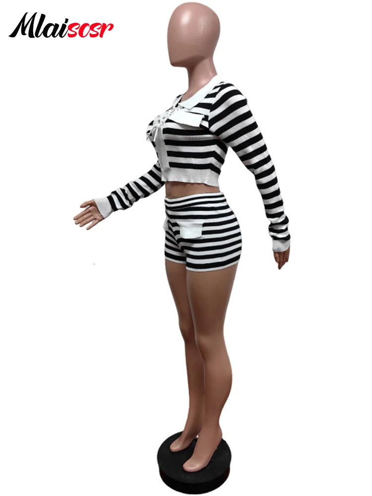 Mlaicsr Fashion Knitted Black and White Stripe 2-piece Womens Long Sleeve Top and Elastic Waist Shorts Set 250322