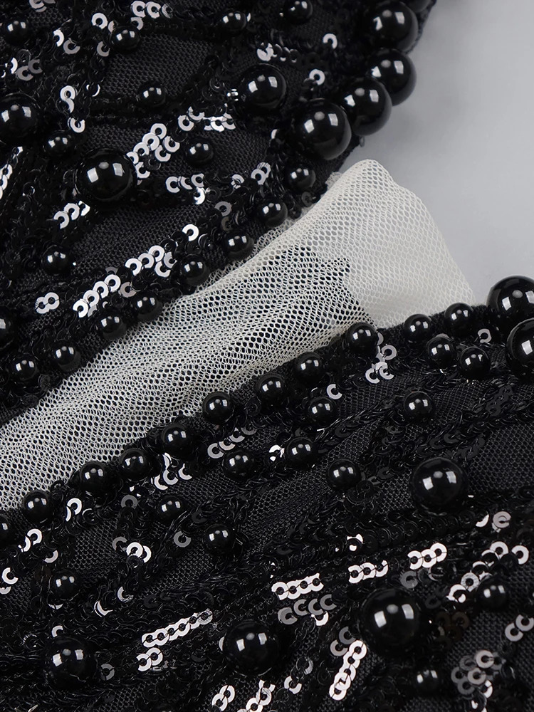 VC Black Crystal Bead Ball Skirt Deep Vneck Necklace Sleeveless Diamond Feather Embossed Evening Dress Vestidos 250320