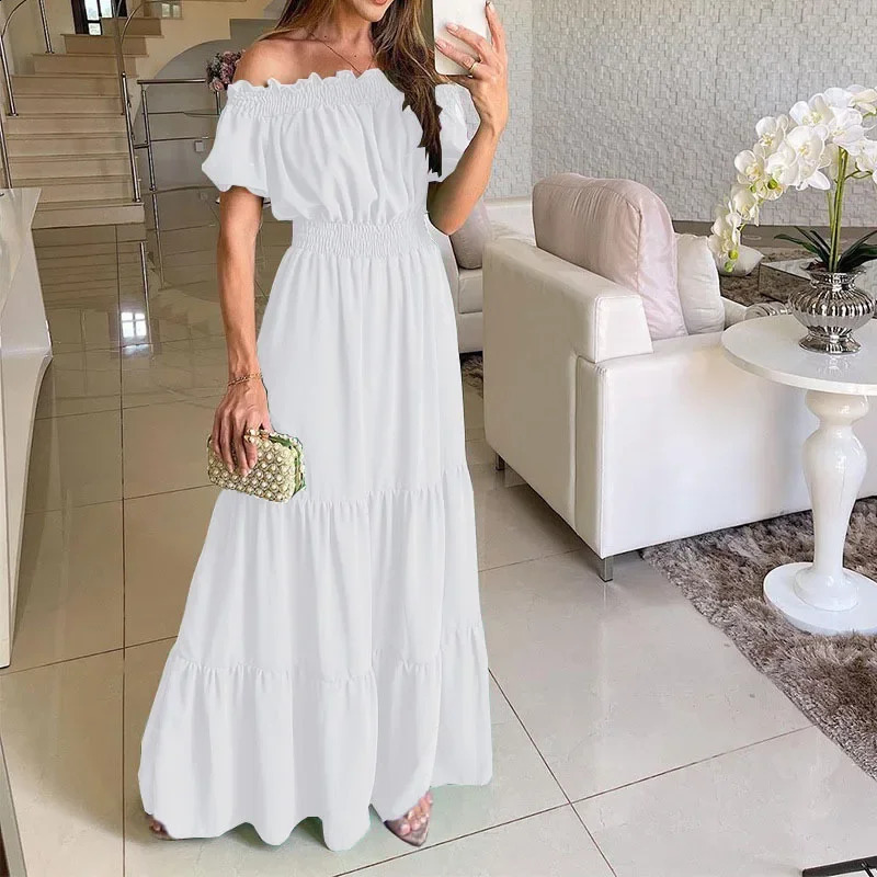 Summer Womens Dress Elastic Waist Short Sleeve One-Shoulder Pure Color Loose Fit Maxi Dress Fashionable Casual Gown 250318
