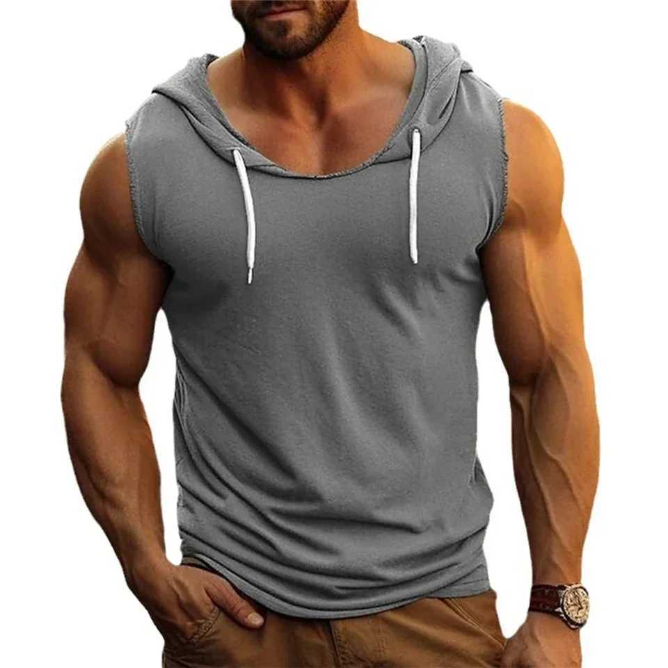 Flat weave mens fitness vest hooded sweatshirt fitness sleeveless hooded sweatshirt tailored sportswear single body bodybuilding striped muscle vest X