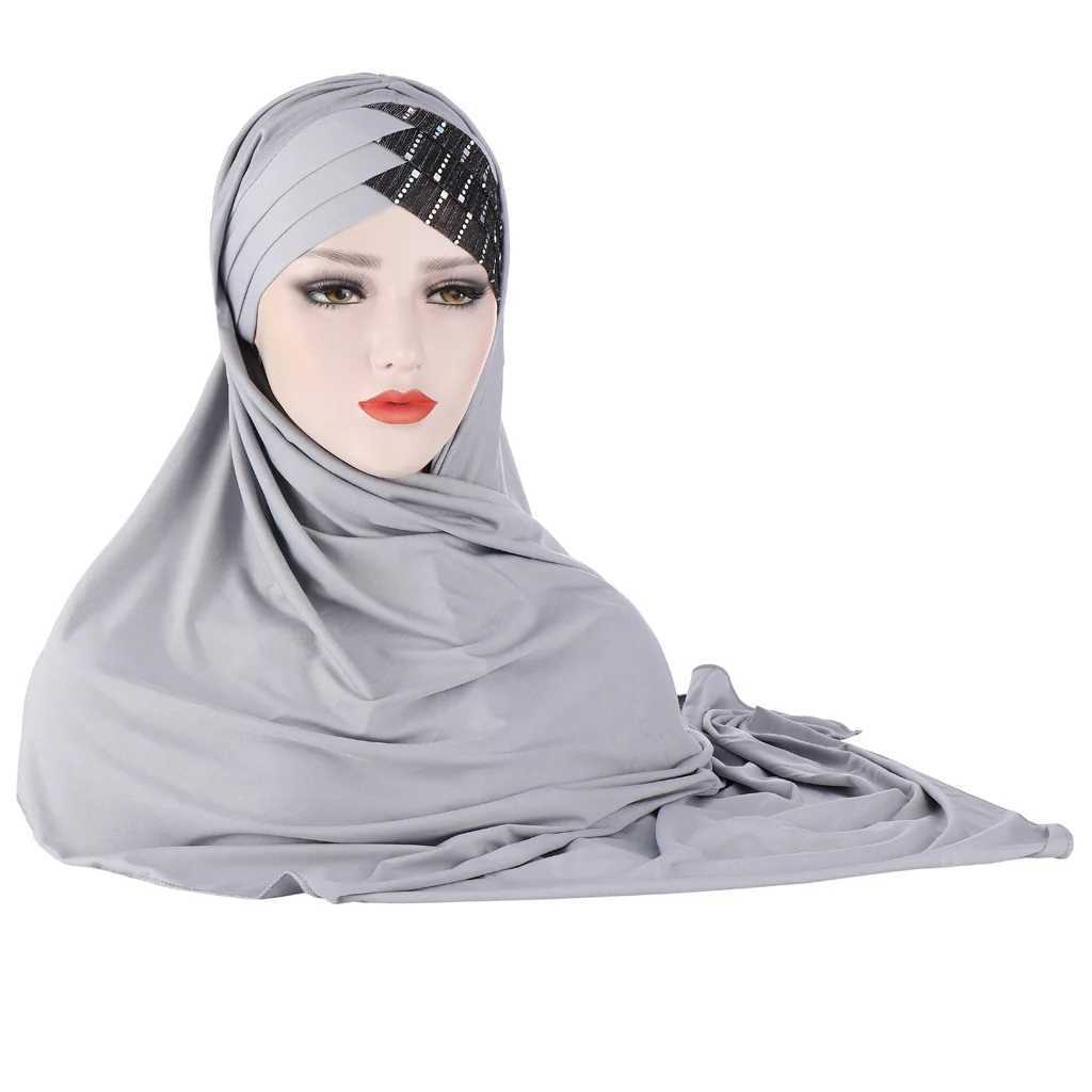 2024 Muslim cotton scarf plain weave headscarf with beads for shaving and wrapping female Muslim headscarf ready to wear headscarf X250324