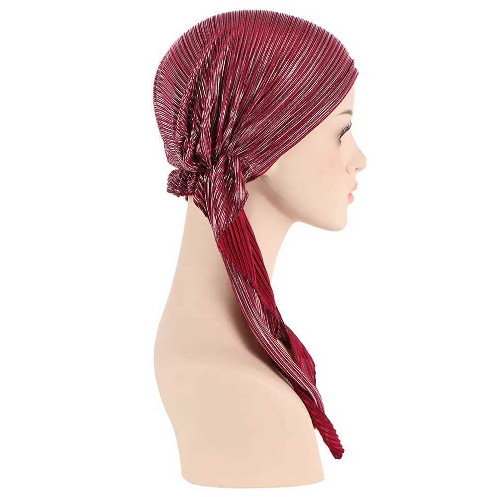 Shining elastic solid color pre tied scarf wrapped in Muslim headscarf for warm inner hat turbo hat drone X250324