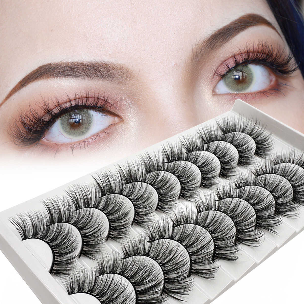 Style 10 pairs of fake eyelashes thick eyelashes natural extension curling one piece fine stem W250324