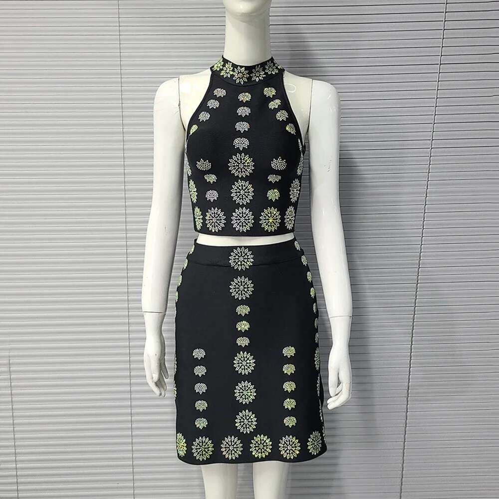 Summer Women's High Quality Fashion Sexy Dia Sleeveless Short Top+Dress Black Bandage Two Piece Set