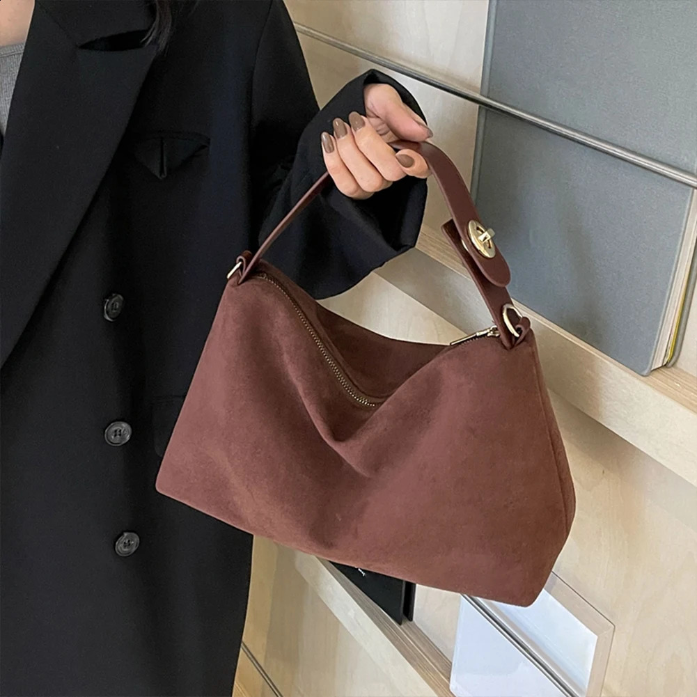 Fashion autumn winter big Boston handbag soft matte suede cowhide womens shoulder cross body gray brown y250317