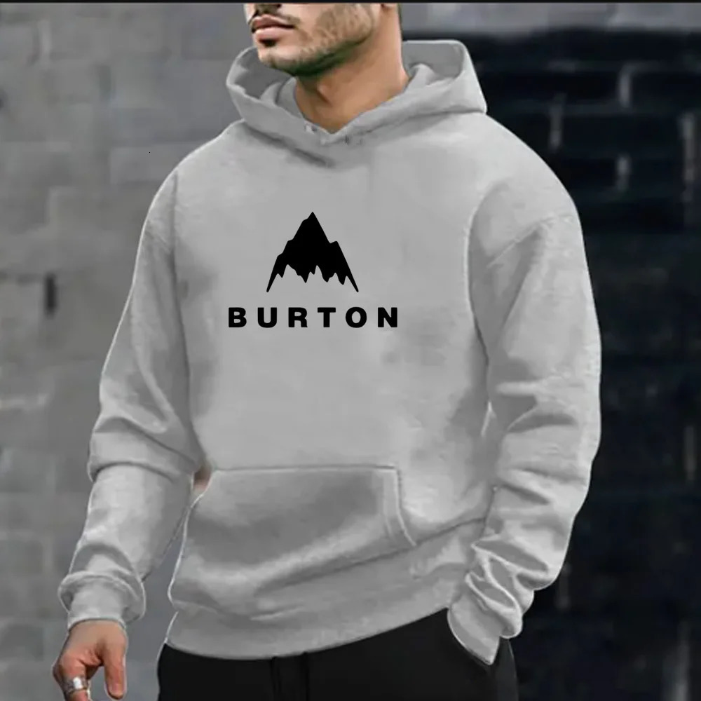 Burton Letter Mountain Shadow Printed Mens Long Sleeve Hoodie with Kangaroo Pocket and Brushed Fashion AutumnWinter Casual 250318