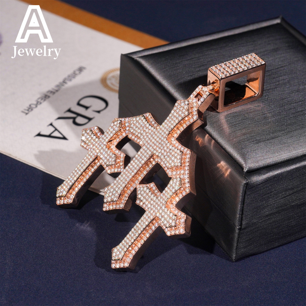 Ready To Ship Rose Gold Hip Hop Iced Out Luxury 2.5 Moissanite 925 Sterling Silver Triple Cross Pendant