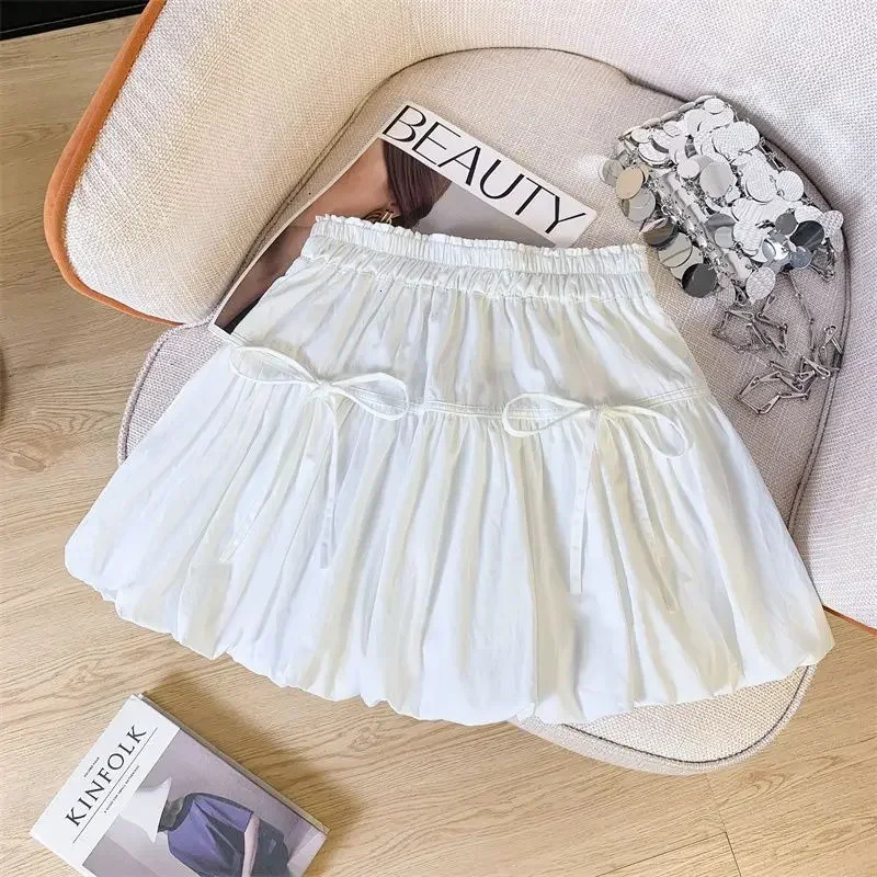 Y2K Bow White Mini Skirt for Women Cute Kawaii Pleated Fluffy Skirts Woman 2025 Summer Sweet High Wasit A-Line Streetwear Skirt 250322