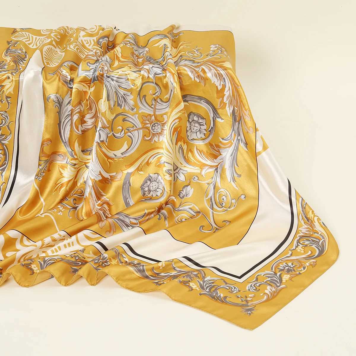 90 * 90cm Square Scarf Silk Ribbon Headscarf Black Printed Tape Packaging Fem Womens Travel Turban 2024 Muslim Headscarf X250324