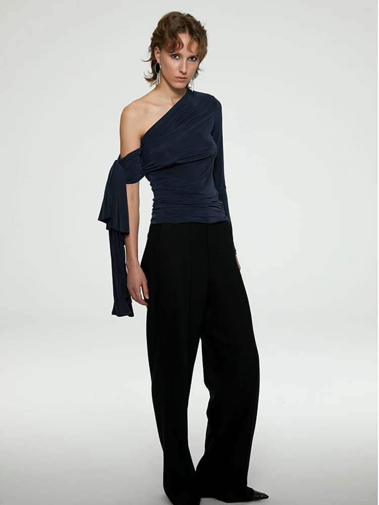 Designer Off The Shoulder Top Fall Clothes 2024 Women Long Sleeve T Shirt Dark Blue Fashion Tees Kintted Solid Tops