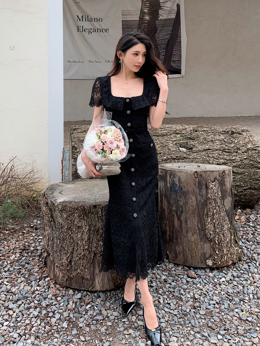 D10135 A3 high quality new women's sexy lapel heavy lace dress high waist slim short sleeve long skirt blue black