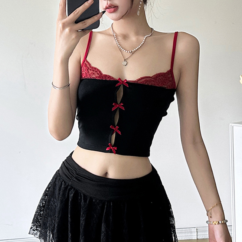 Sweet Spicy Sexy Hollow Waist And Exposed Navel Slimming Vest Pure Desire Style Lace Patchwork Bow Contrasting Suspender