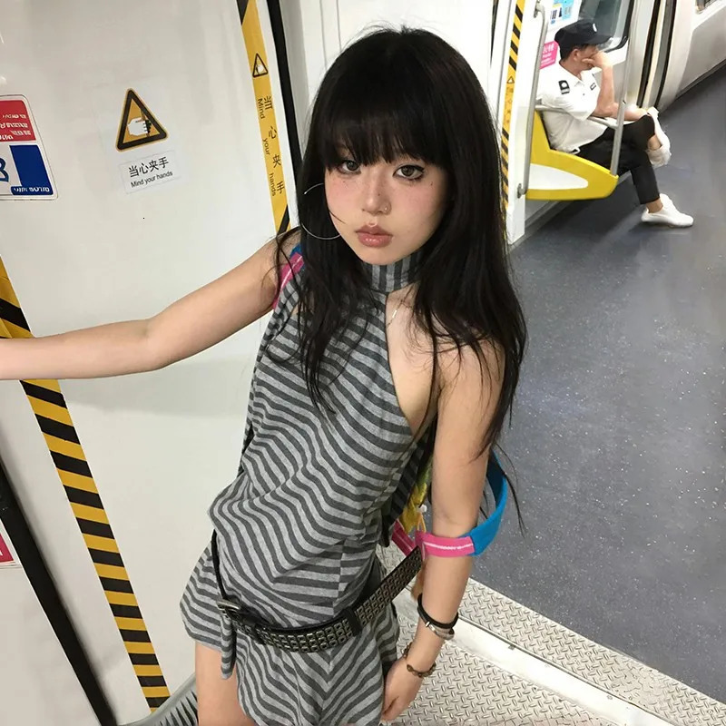 Karrram Y2k Aesthetics Halter Dress Japanese 2000s Style Grey Striped Short Dress Vintage Harajuku Backless Mini Dress Grunge 250324