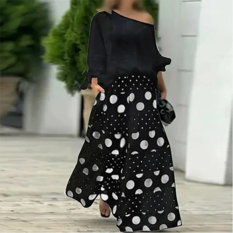 Spring Summer Elegant Fashion Print Womens Set Two-piece Casual One-Neck Off-Shoulder Long-Sleeve Solid Top Loose Culottes Suit 250324