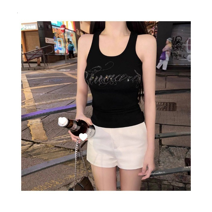 20205 New Designer Vest Letter Hot Diamond Shoulder Strap Vest Women's Slim Fit Sleeveless T-shirt Bottom Top