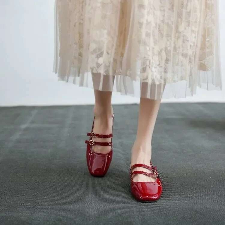 2025 Spring Autumn Women Double Buckle Mary Janes Patent Leather Dress Head Square Heel Solid Color Women's Shoes