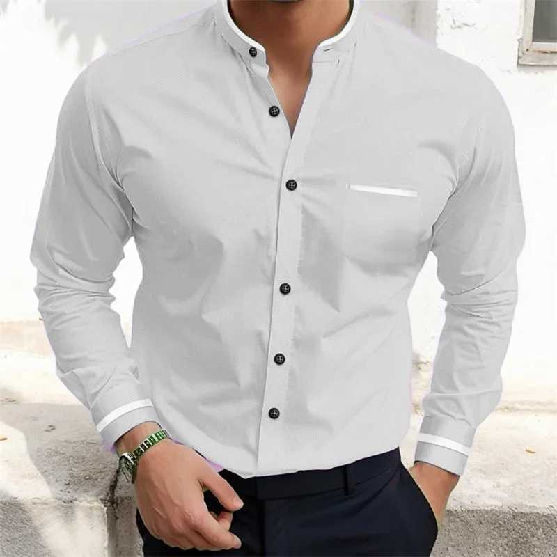 Mens standing collar long sleeved shirt pink gray blue solid color pocket shirt fashionable comfortable casual X250324