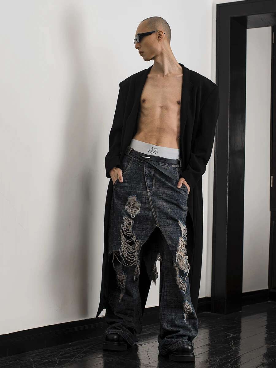 Reddachic Unisex Distressed Baggy Jeans Hip Hop Ripped Holes Wide Leg Raw Rdge Fake Two-Piece Pants Women Retro Y2k Streetwear