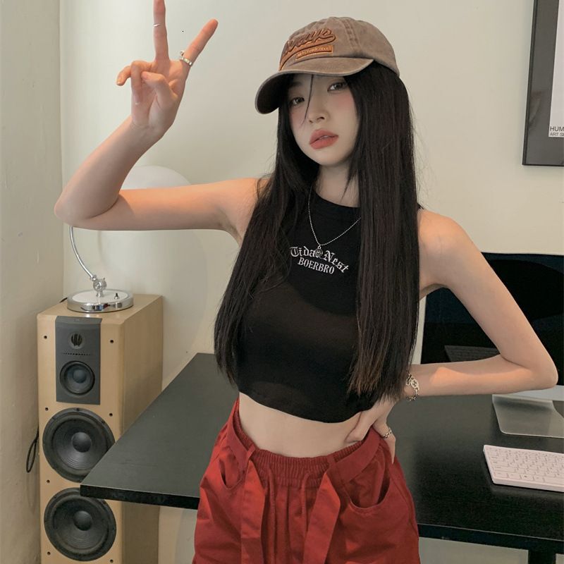 Summer New Women's Wear Pullover Spicy Girl Letter Embroidered Racerback Vest Outwear Slim Fit Sleeveless Short Top Female