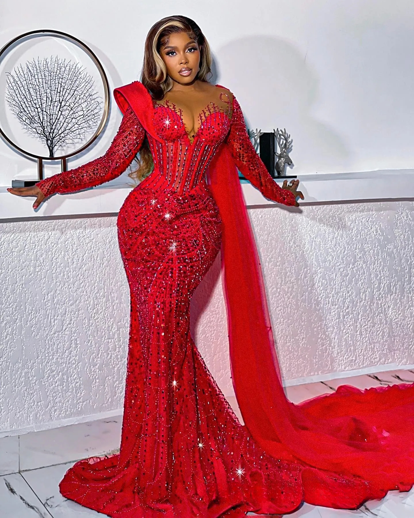 Luxurious Red Sequined Mermaid Evening Dresses Long Sleeves Corset Prom Dress Beaded Arabic Aso Ebi Lace Reception Dress 2025 Black Girls Pageant Gown