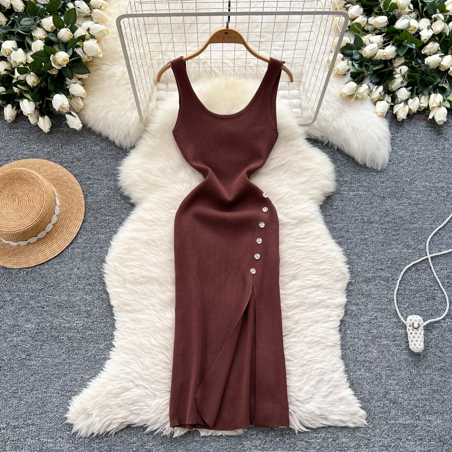 Summer Elastic Sexy Bag Hips Knitted Long Dress Womens Split Party Dress Street Dress Vestidos 250318