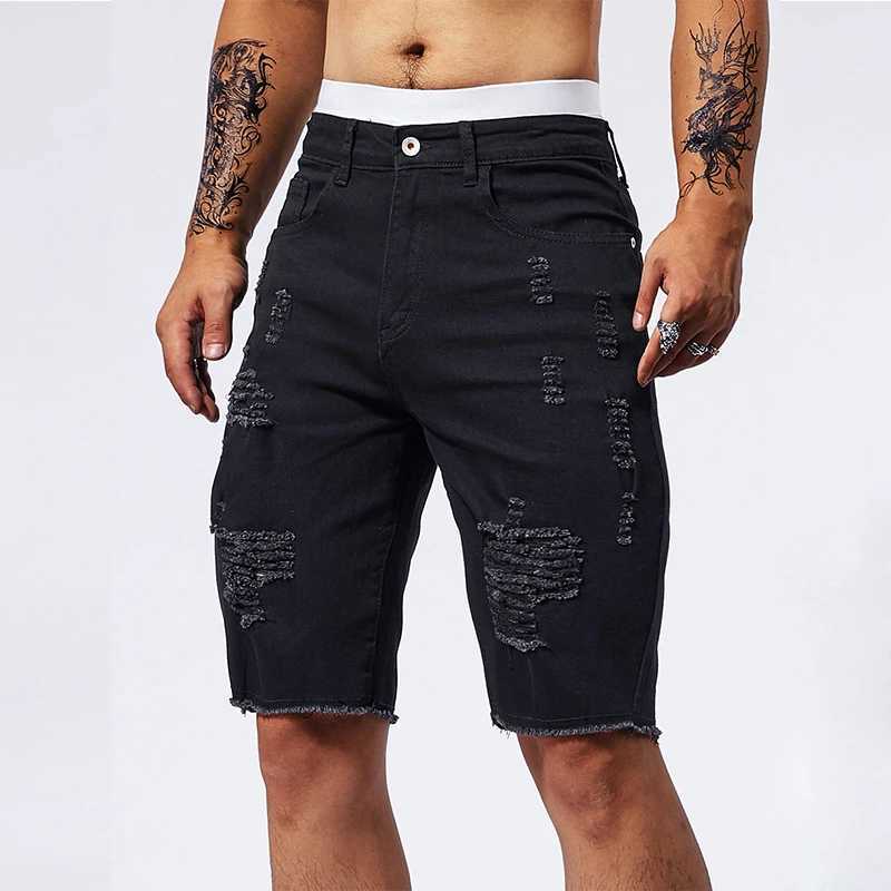 Vintage Denim Shorts Mens American Stretch Slim Jeans Fashion Ripped Streetwear Male Hole Frayed Short Pants Blue Black T250603