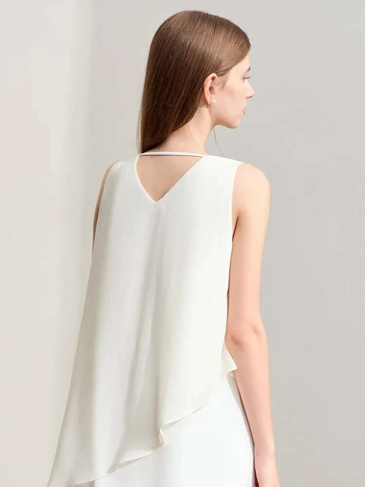 Amii Minimalism 2024 Women Dresses Summer New Vacation Style V-neck Spliced Chiffon Female Sleeveless Loose Dress 12452102