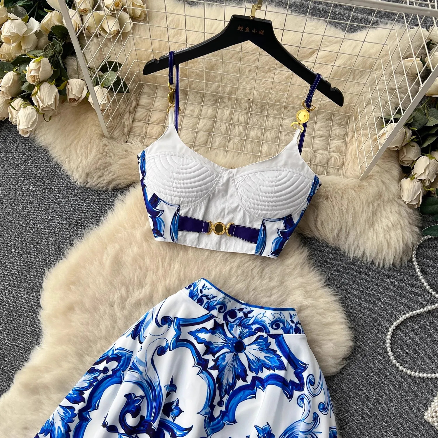 Summer Y2k sexy red blue white necklace twopiece set womens gold button bra cup suspender topMaxi long skirt 250324