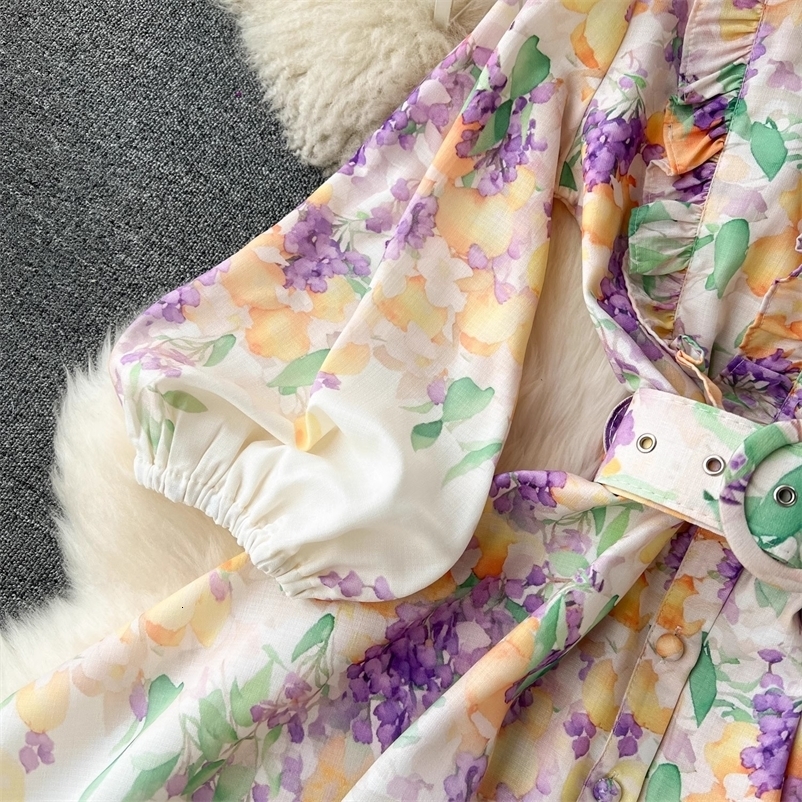 Summer Holiday Linen Dress Clothing Stand Ruffles Long Lantern Sleeve Flower Print Single Breasted Belt Mini Vestidos 250322